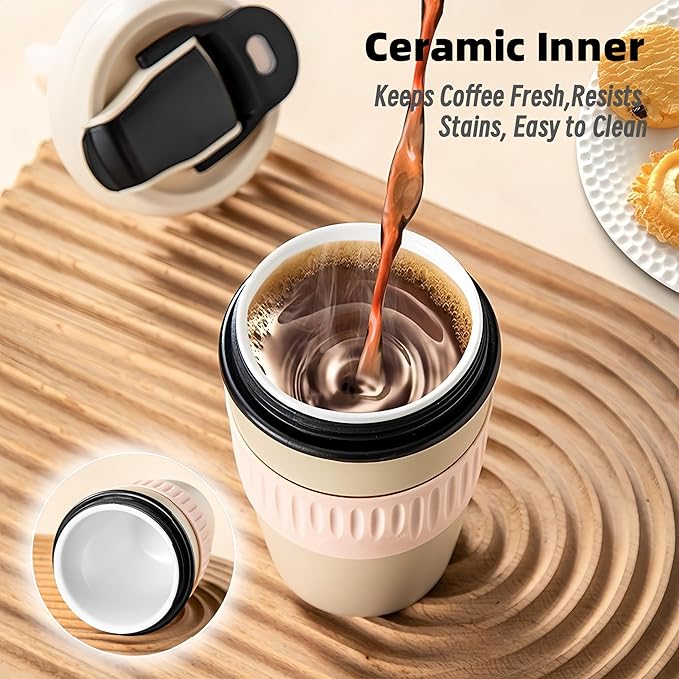 12oz Portable Vacuum Insulated Coffee Mug with Ceramic Inner, for Coffee, Flower Tea, Milk & Juice, Dual - Drinking, Leak - Proof (Green)