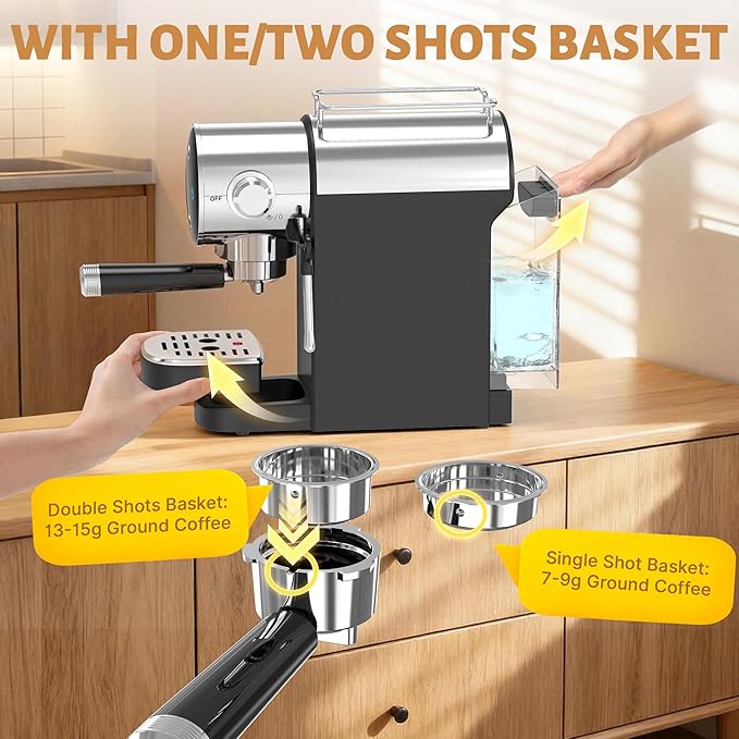 Espresso Machine, Touch Screen Control 20 Bar Espresso Coffee Maker with Steam Milk Frother for Latte & Cappuccino, Removable Water Tank, Modern Black Design