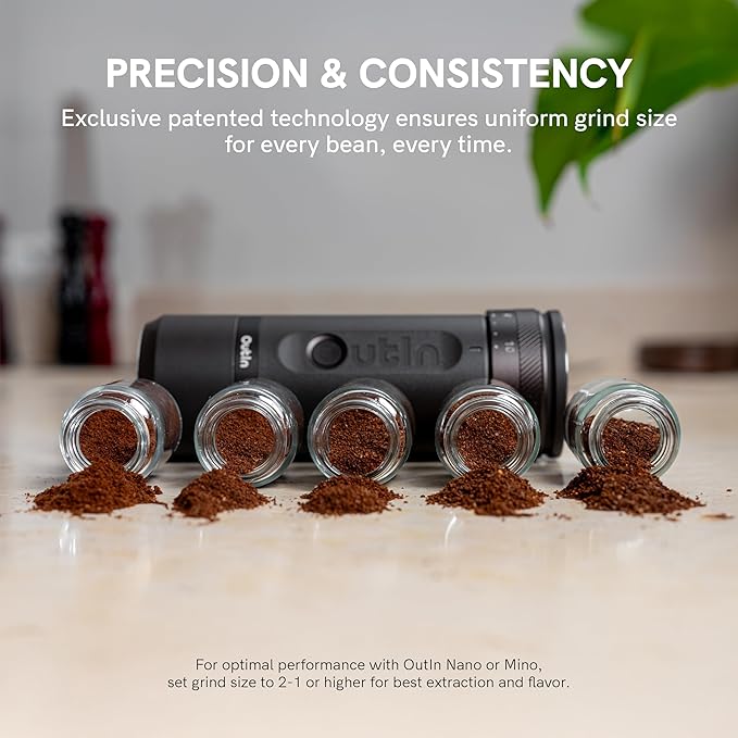 OutIn Nano Portable Electric Espresso Machine with Fino Portable Electric Coffee Grinder, Brown & White