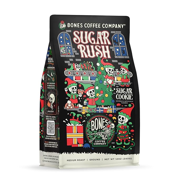 Bones Coffee Company Sugar Rush, Sugar Cookies Flavored Coffee, Medium Roast Low Acid Arabica Beans Compatible with Auto drip and French Press Coffee Maker, 12 Oz Ground