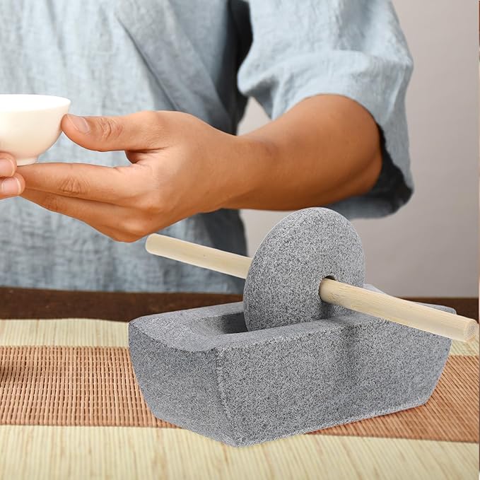 LOGOFUN Traditional Chinese Stone Mill Hand Crank Manual Grinder Accessories for Matcha Tea Spices Home Kitchen Supplies - 12cm