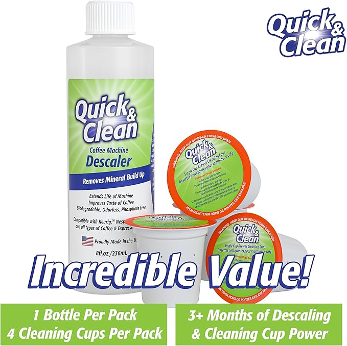 Quick & Clean 4-Pack of Cleaning Cups with Descaler Bundle (2 Total Uses) - 2.0 Compatible, Descaling Solution for Keurig, Nespresso, Ninja, Delonghi, All Coffee and Espresso Machines