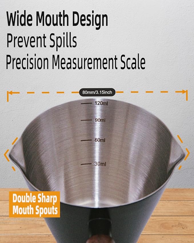 Espresso Cups - 4OZ Espresso Shot Cup with Wooden Handle -Measuring Cup with Double Spouts - Coffee Bar Accessories, Black（2 Pcs）