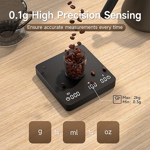 Qzzhizao Digital Coffee Scale, 2kg/0.1g High Precision Mini Espresso Coffee Scale with Timer, Rechargeable, for Espresso and Pour-Over Coffee