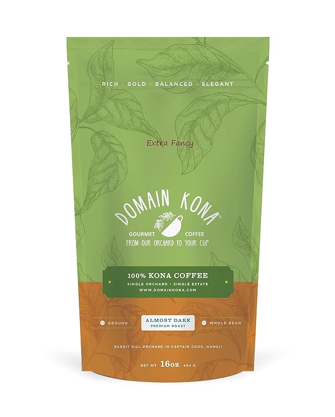 100% Kona Coffee - Extra Fancy grade Whole Beans - Almost Dark roast, Single estate gourmet coffee, 16 ounces, ships direct from Domain Kona Coffee