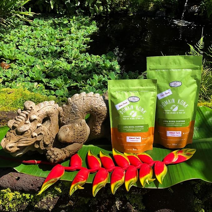 100% Kona Coffee - Extra Fancy grade Whole Beans - Almost Dark roast, Single estate gourmet coffee, 16 ounces, ships direct from Domain Kona Coffee