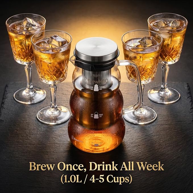 BrewMOO Cold Brew Coffee Pitcher (1.0L/34oz) - Elegant Sleek Wave Borosilicate Glass Pitcher with 100um 304 Stainless Steel Filter & Airtight Lid, Efforless Mannual for Beginner, Sophisticated Gift