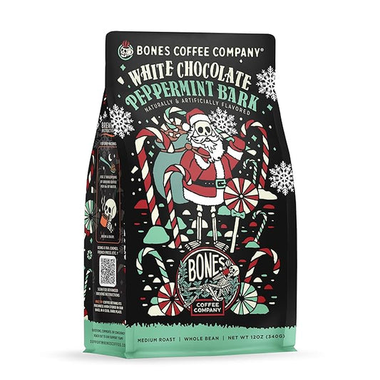 Bones Coffee Company White Chocolate Peppermint Bark Flavored Coffee, Medium Roast Low Acid Arabica Beans Compatible with Auto drip and French Press Coffee Maker, 12 Oz Whole Bean