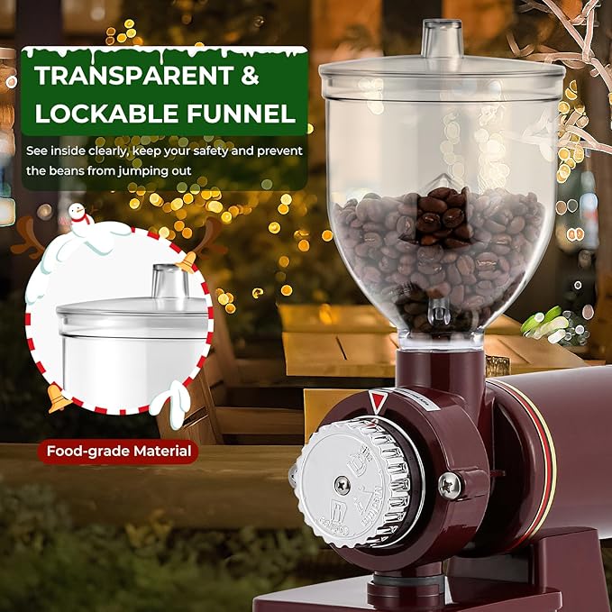 Burr Coffee Grinder - Electric Espresso Grinder for Home & Commercial Use, Silent, Adjustable Grind, With Hopper, Brush, Spoon, Red