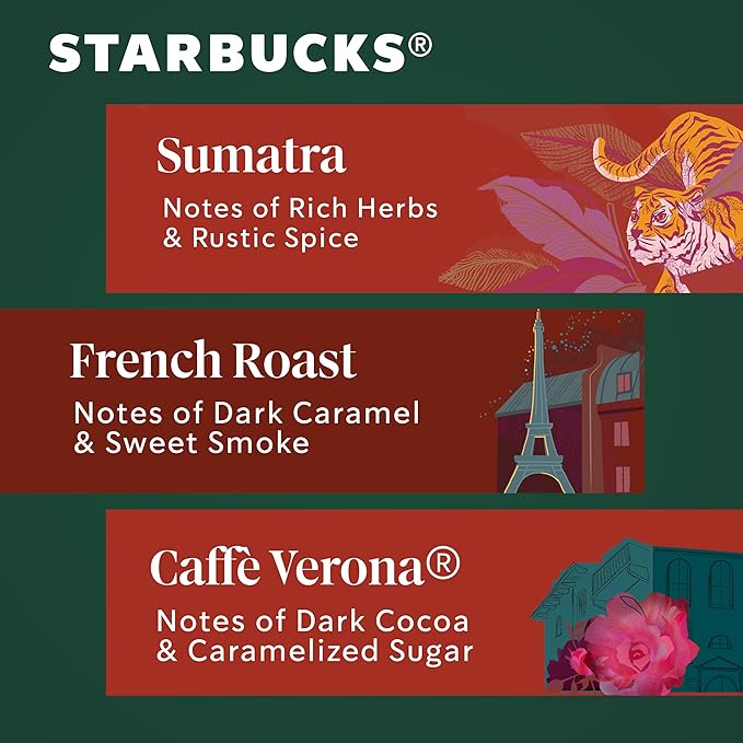 Starbucks Whole Coffee Beans, Dark Roast Hot or Iced Coffee, Variety Pack, Three 12 oz Bags