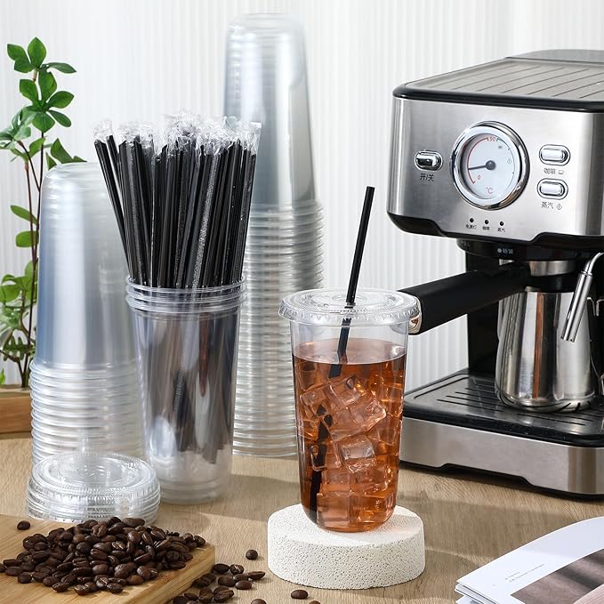 100 Set 20 oz Clear Plastic Cups with Lids and Straws, Disposable Iced Coffee PET Cups for Drinking Cold Beverage Juice Parfait Smoothie Milkshake Coffee Shops Party Supplies