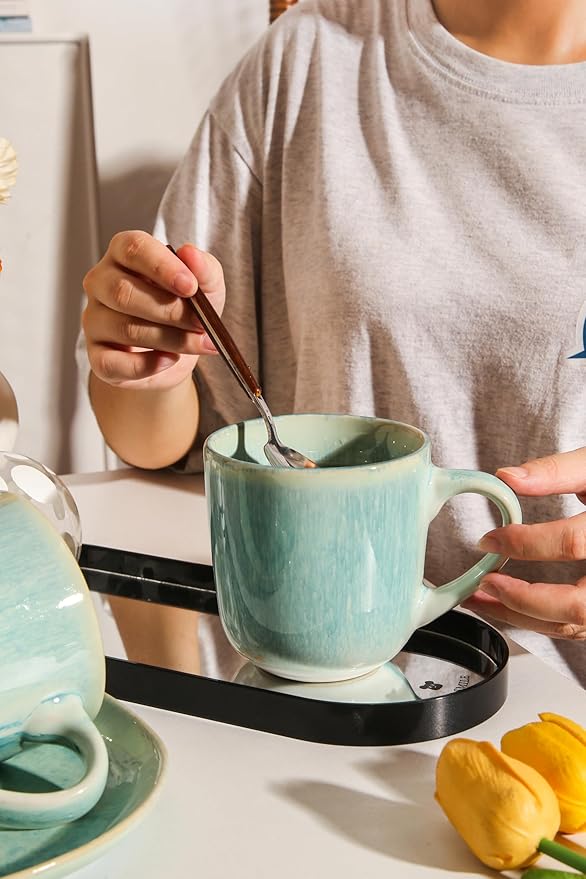 Stoneware Coffee Mugs Set of 4, 12 oz Aqua Ceramic Coffee Cups Microwave and Dishwasher Safe Stackable Coffee Mug Set with Easy Grip Handle for Home Kitchen Office Gift Set