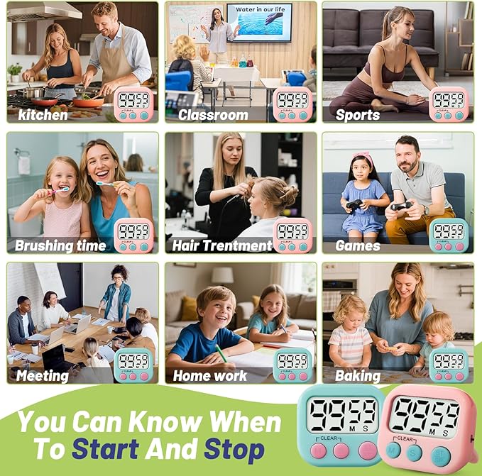 Glochin 2 Pcs Digital Timer for Kids, Magnetic Countdown Kitchen Timer, Upgrade Loud Alarm Timers for Cooking, Kitchen, Exercise, Work, Study, Classroom, Outdoor Activities, Battery not Including