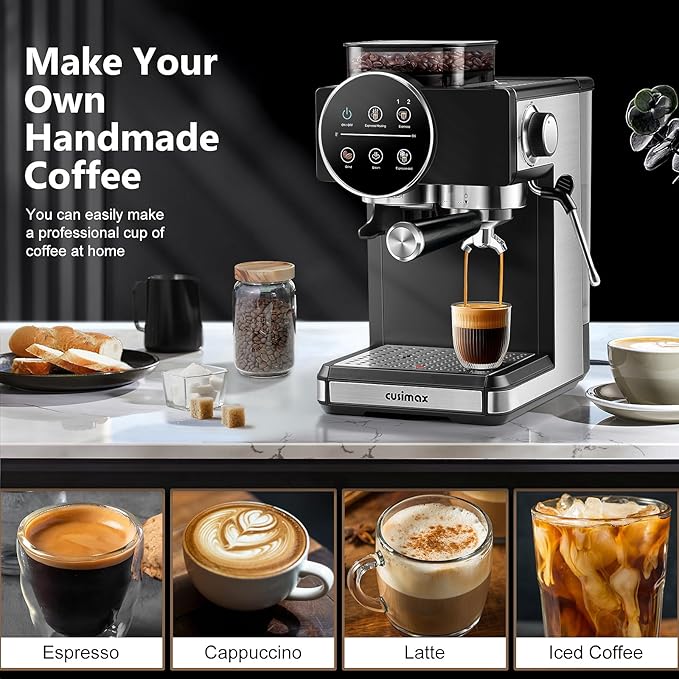 CUSIMAX Espresso Machine with Grinder, 20 Bar Professional Expresso Coffee Machines with Milk Frother Steam Wand, Espresso Maker with 60oz Removable Water Tank, Cappuccino & Latte Machine for Home