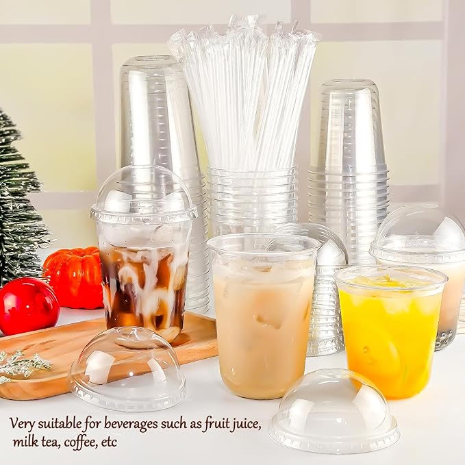 100 Set 16oz Disposable Clear Plastic Cup with Lids and Straws, Sturdy & Food Safe Iced Coffee Cups, Plastic Cold Drinks Cups for Smoothie, Milk Tea, Assorted Beverages Party Supplies
