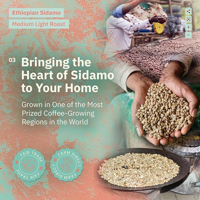 Ethiopian Sidama Coffee Beans - Single Origin Medium Light Roast Beans, Freshly Roasted To Order Whole Bean Coffee, Specialty Grade, Non-GMO