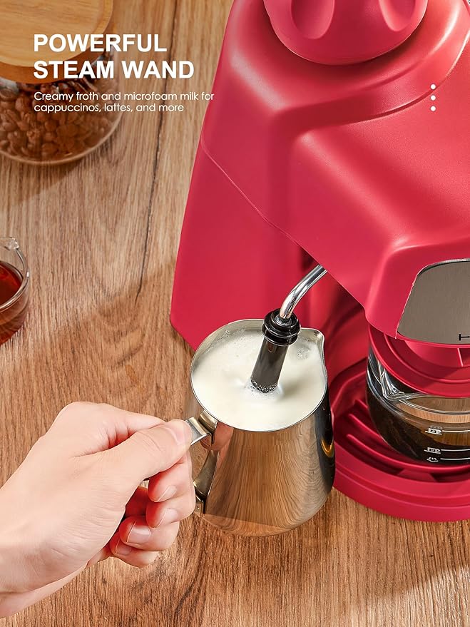 Espresso Machine, 3.5Bar Espresso and Cappuccino Machine with Preheating Function, 4 Cup Coffee Maker with Milk Frothing Function and Steam Wand (Red), CM6810