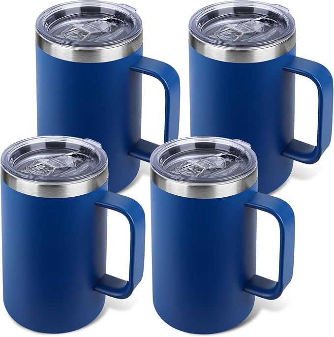 Zynkify 22oz Insulated Coffee Mug with Handle & Leak-Proof Lid - Double Wall Stainless Steel Travel Tumbler Bulk for Commute/Office/Home, Dark Blue, 4 Pack