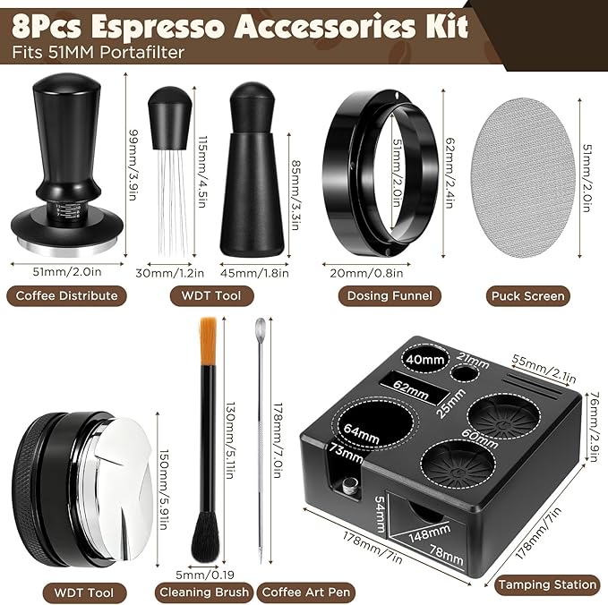 8 PCS Espresso Accessories Kit,51mm Espresso Tamper Tools,WDT Tool Espresso,Espresso Tamping Station, Distributor, Stirrer, Dosing Funnel,Puck Screen, Brush and Latte Art Pen