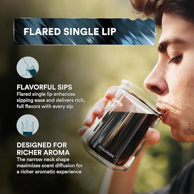 ovalware Double Wall Single Lip Insulated Glass Cup, Set of 4 (12oz / 350ml) - Borosilicate Glass For Coffee, Tea, Whiskey, Cocktails & All Beverages - Minimalistic & Durable Double-Wall Drinking Mug