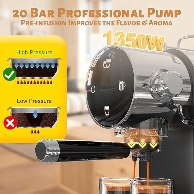 Espresso Machine, Touch Screen Control 20 Bar Espresso Coffee Maker with Steam Milk Frother for Latte & Cappuccino, Removable Water Tank, Modern Black Design