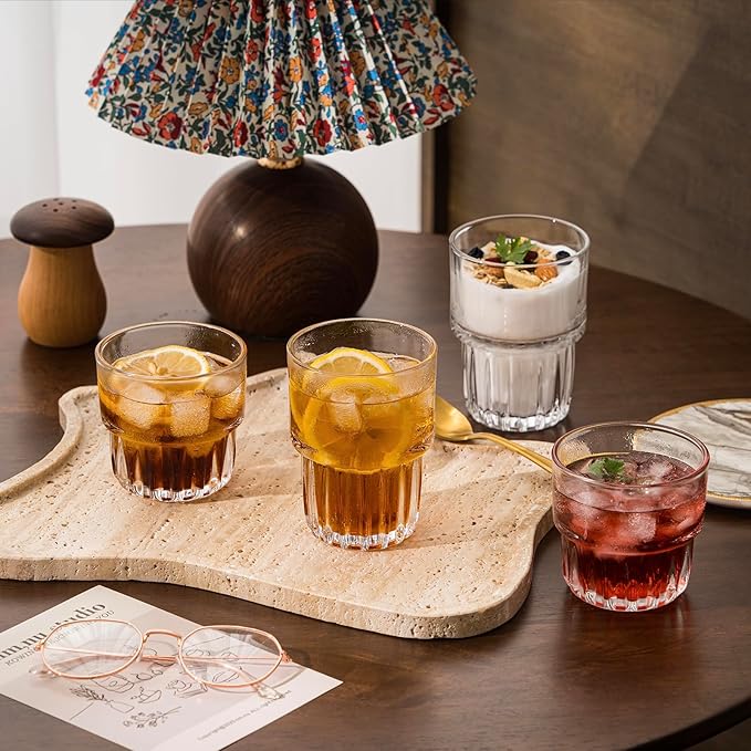 11oz Drinking Glasses Set of 4, Juice Glasses Stackable Tall Glass Mugs for Tea Iced latte Coffee Glass, Beer Glasses, Cocktail Glasses,Water glasses for bar, restaurant