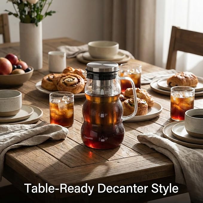 BrewMOO Cold Brew Coffee Pitcher (1.0L/34oz) - Elegant Sleek Wave Borosilicate Glass Pitcher with 100um 304 Stainless Steel Filter & Airtight Lid, Efforless Mannual for Beginner, Sophisticated Gift