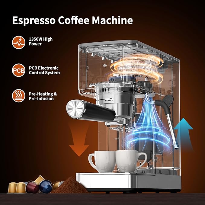 Kismile Espresso Machine with Milk Frother, 20 Bar Compact Stainless Coffee Maker with Capsule Funnel|48oz Detachable Water Tank|LED Display, Pre-Infusion for Cappuccino|Mocha|Latte at Home or Office
