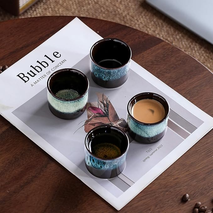 Espresso Cups Set of 6, Demitasse Cups 2.5 Ounces Coffee Mugs, Ceramic Teacups Japanese Tea Cups, Chinese Tea Cups (magic blue exterior)