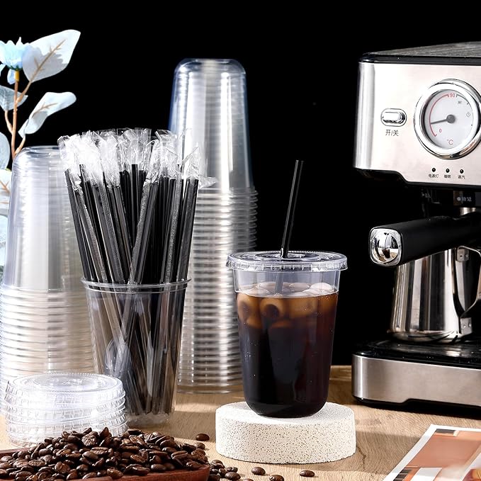 100 Set 16 oz Clear Plastic Cups with Lids and Straws, Disposable Iced Coffee PET Cups for Drinking Cold Beverage Juice Parfait Smoothie Milkshake Coffee Shops Party Supplies