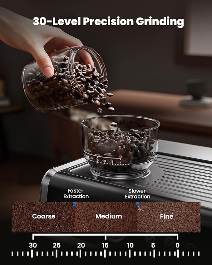 Coffee Maker with Grinder, 30 Settings & 20 Bar Pump, Espresso Machine with 58mm Portafilter & Milk Frother for Cappuccino or Latte