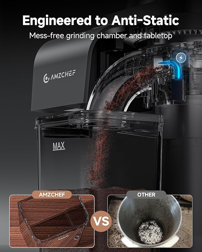 Anti-Static Espresso Grinder with Self-Cleaning Burrs & 47 Settings,Coffee Grinder featuring Anti-Static & Low-Residue design for home use, complete with storage box and dosing cup