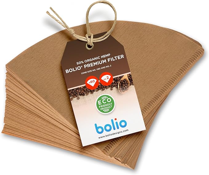 Bolio Premium Unbleached Hemp Paper Cone Coffee Filters – 100 Count - Compatible with All No.2 Size Pour Over coffee Drippers
