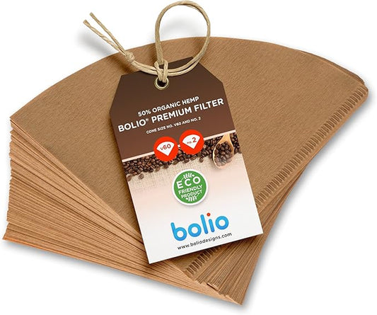 Bolio Premium Unbleached Hemp Paper Cone Coffee Filters – 100 Count - Compatible with All No.2 Size Pour Over coffee Drippers