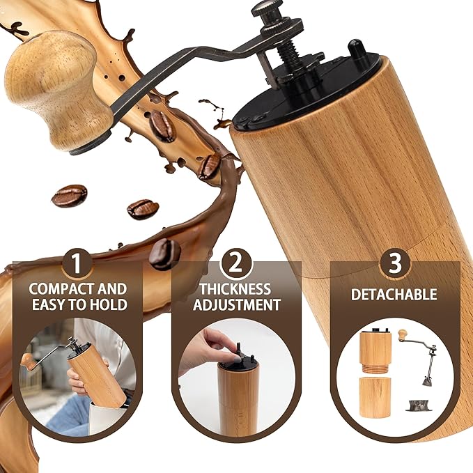 Manual Coffee Grinder, Wooden Hand Coffee Mill with Adjustable Burr, Natural Beech Wood, 5.93x2.68 Inch