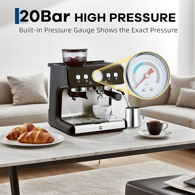 20-Bar Espresso Coffee Machine with Built-In Grinder, 2.8L Removable Tank, Adjustable Shot Volume & Steam Wand, Stainless Steel Coffee Maker for Home or Office