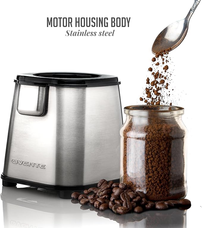 OVENTE Electric Coffee Grinder, 200W Powerful Coffee Bean & Spice Grinder with 2.1 Oz Removable Grinding Bowl, Stainless Steel Blade, Push Power Button, Transparent Lid & Anti-Skid Feet, Silver CG620S