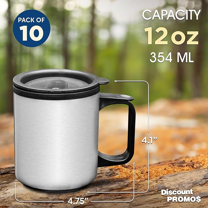 DISCOUNT PROMOS Stainless Steel Travel Mugs with Handle 12 oz. Set of 10, Bulk Pack - Perfect for Coffee, Soda, Other Hot & Cold Beverages - Stainless Steel