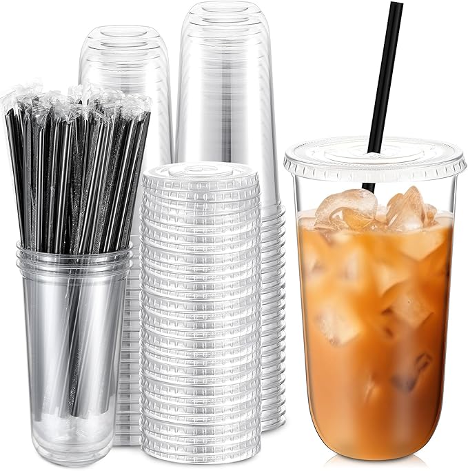 100 Set 20 oz Clear Plastic Cups with Lids and Straws, Disposable Iced Coffee PET Cups for Drinking Cold Beverage Juice Parfait Smoothie Milkshake Coffee Shops Party Supplies