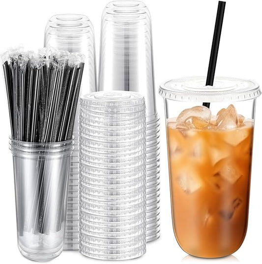 100 Set 20 oz Clear Plastic Cups with Lids and Straws, Disposable Iced Coffee PET Cups for Drinking Cold Beverage Juice Parfait Smoothie Milkshake Coffee Shops Party Supplies