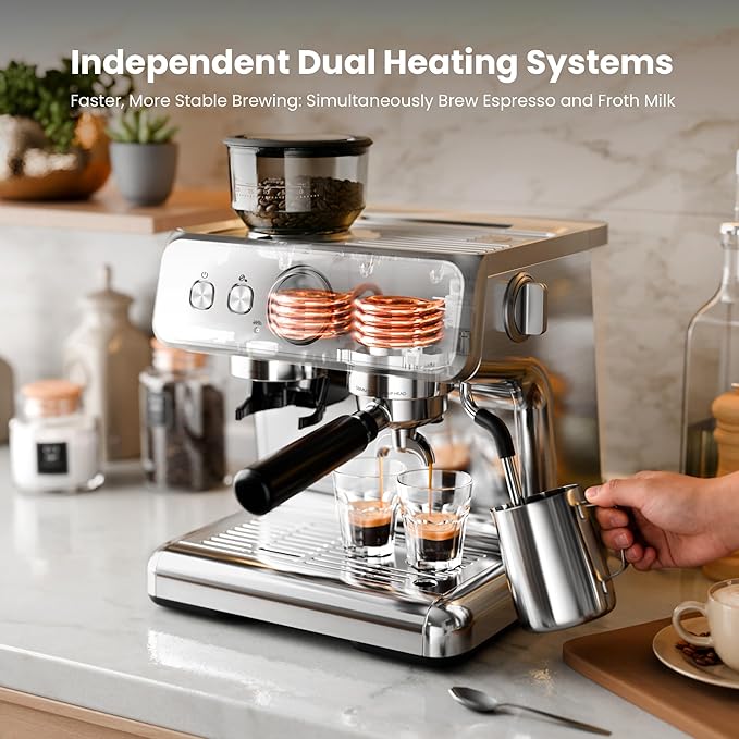 Kismile Dual Boiler Espresso Machine with Grinder, 20 Bar Espresso Machines with Milk Frother, Commercial Stainless Steel Expresso Coffee Machines for Cappuccino and Latte