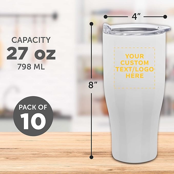 Custom Stainless Steel Grip Travel Mugs 27 oz. Set of 10, Personalized Bulk Pack - Perfect for Coffee, Soda, Other Hot & Cold Beverages - White