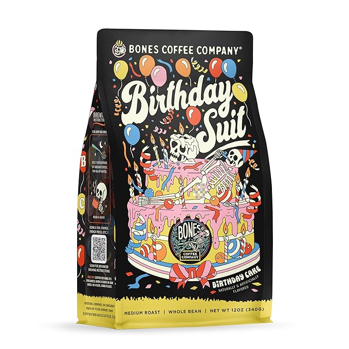 Bones Coffee Company Birthday Suit, Birthday Cake Flavored Coffee, Medium Roast Low Acid Arabica Beans Compatible with Auto drip and French Press Coffee Maker, 12 Oz Whole Bean