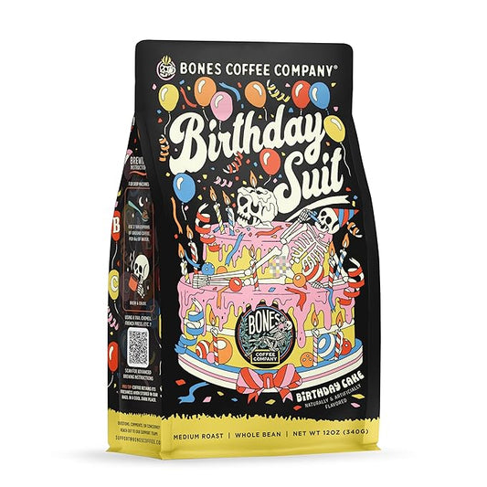 Bones Coffee Company Birthday Suit, Birthday Cake Flavored Coffee, Medium Roast Low Acid Arabica Beans Compatible with Auto drip and French Press Coffee Maker, 12 Oz Whole Bean