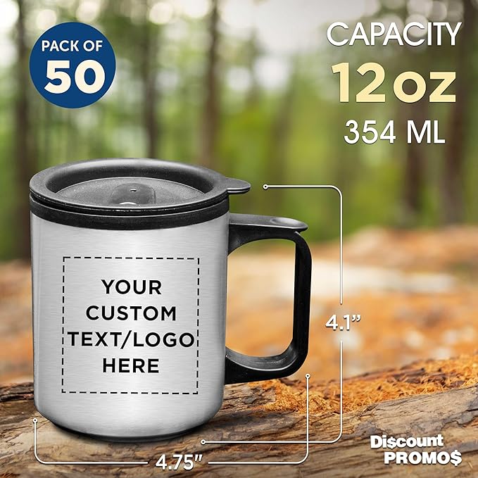 DISCOUNT PROMOS Custom Stainless Steel Travel Mugs with Handle 12 oz. Set of 50, Personalized Bulk Pack - Perfect for Coffee, Soda, Other Hot & Cold Beverages - Stainless Steel
