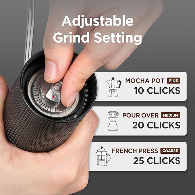 Manual Coffee Grinder - Stainless Steel Conical Burr with Adjustable Setting, Double Bearing - Max Capacity 0.88oz, Hand Grinder for Home, Travel and Camping, and Gift