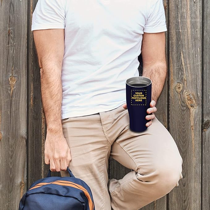 DISCOUNT PROMOS 100 Stainless Steel Grip Travel Mugs Set, 27 oz. - Customizable Text, Logo - Vacuum Insulated, Plastic Lid - Blue