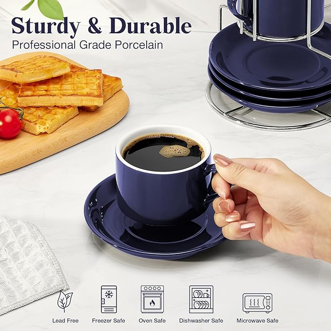 NWYSZ 8 Ounce Blue Porcelain Stackable Cappuccino Cups with Stainless Steel Holder, Set of 4, Durable Ceramic, Perfect for Home, Office or Gift