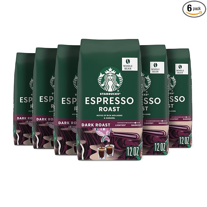 Starbucks Whole Coffee Beans, Dark Roast Hot or Iced Coffee, Espresso Roast, Six 12 oz Bags