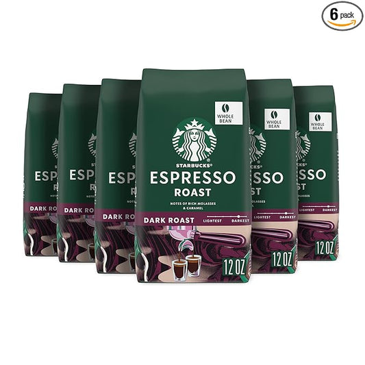 Starbucks Whole Coffee Beans, Dark Roast Hot or Iced Coffee, Espresso Roast, Six 12 oz Bags